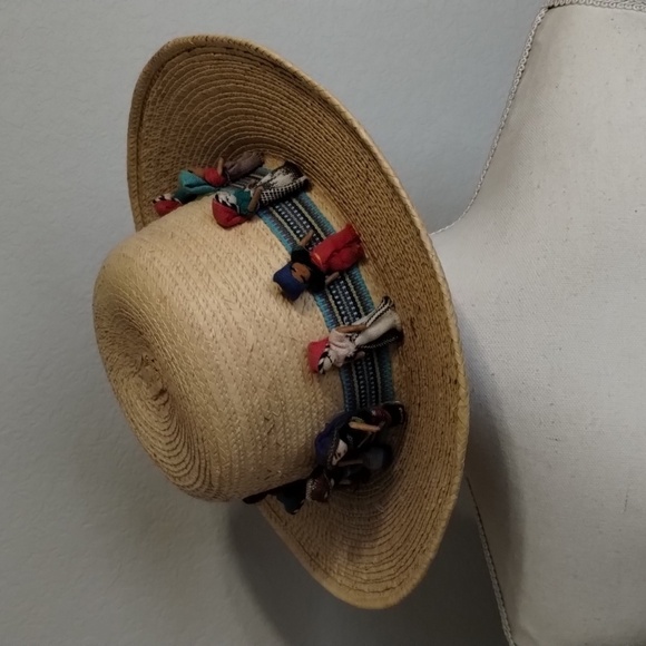 Hand Stitched Hat Band on Pine Needle Sun Hat With Tiny People - Picture 3 of 9